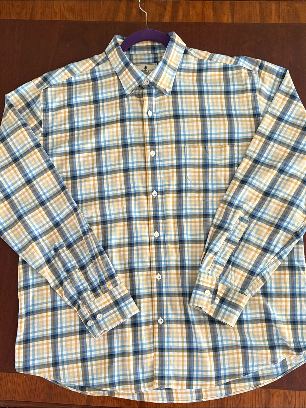 Southern Pines Men's Long-Sleeve Plaid Button-- shades of blue, tan, yellow XL